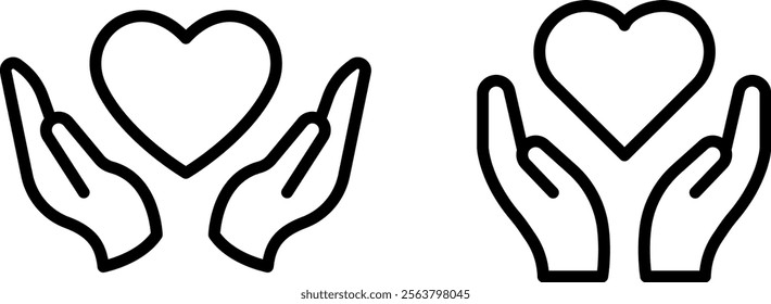 "Heart Between Hands Vector Line Icon Set – Love and Care Symbols"