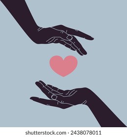 Heart between human hands. Hands holding a heart. Symbolizing love, care and charity. Vector illustration