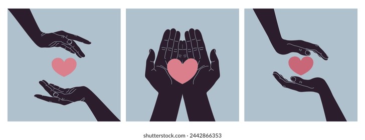 Heart between human hands. Hands holding a heart. Symbolizing love, care and charity. Vector illustration