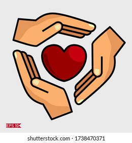 heart between three palms. illustration of hands and hearts, in a flat style.