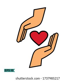 corazón entre dos palmas. ilustración de manos y corazones, en un estilo plano.