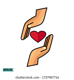 heart between two palms. illustration of hands and hearts, in a flat style.