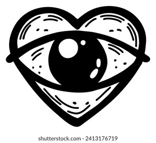 heart with big open eye isolated on white background black and white doodle hand drawn groovy hippie Y2K grunge outline vector illustration