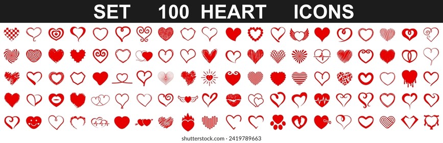 Heart big set 100 icons, unique different hearts drawn hand collection, new cute hearts