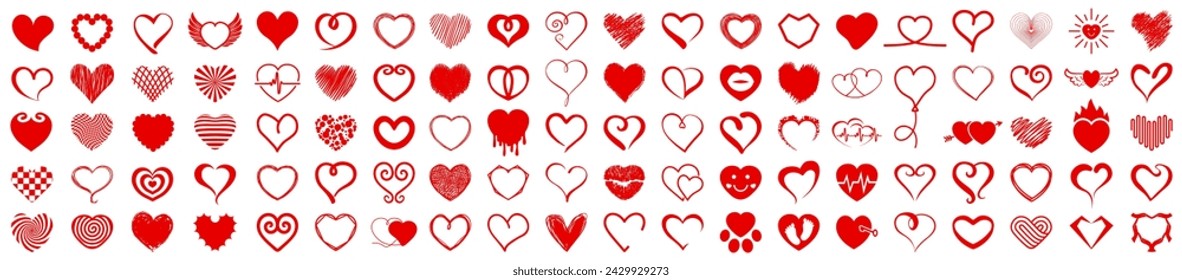 Heart big set 100 icons, unique different hearts drawn hand collection, new cute hearts