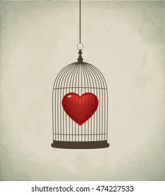 Heart in a bird cage. Vector art.