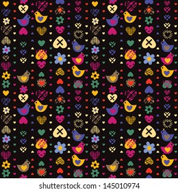 heart bird flower seamless pattern on dark background. Vector illustration. Seamless pattern can be used for wallpaper, pattern fills, web page background, surface textures