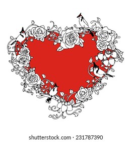 heart bird rose romantic Valentine vintage drawing frame 
