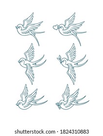 Heart, Bird, Spring, Tattoo. Set of swallow tattoo templates isolated on white background. Vector illustration.