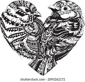 Heart Birds Black White Graphic