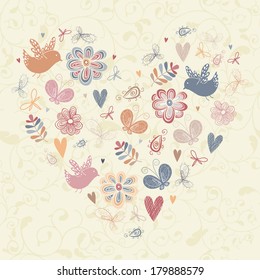 The heart with birds, flowers, butterflies and swirls.