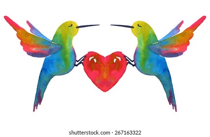 A Heart And Birds. Watercolor Vector Illustration.