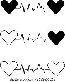 Línea del pedacito del corazón con el icono del corazón fijado. Vector siluetas monitor de frecuencia cardíaca formas de onda corazones colección aislados sobre fondo transparente. Uso del símbolo del cuidado de la salud del cardiograma para el signo médico del Web y del App