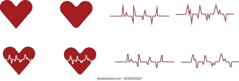 Línea del pedacito del corazón con el icono del corazón fijado. Vector siluetas monitor de frecuencia cardíaca formas de onda corazones colección aislados sobre fondo transparente. Uso del símbolo del cuidado de la salud del cardiograma para el signo médico del Web y del App