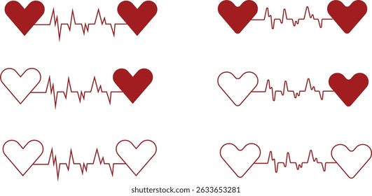 Línea del pedacito del corazón con el icono del corazón fijado. Vector siluetas monitor de frecuencia cardíaca formas de onda corazones colección aislados sobre fondo transparente. Uso del símbolo del cuidado de la salud del cardiograma para el signo médico del Web y del App