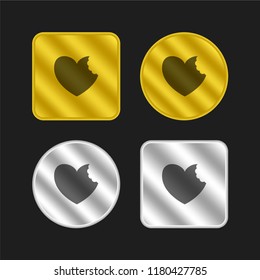 Heart with bite gold and silver metallic coin logo icon design