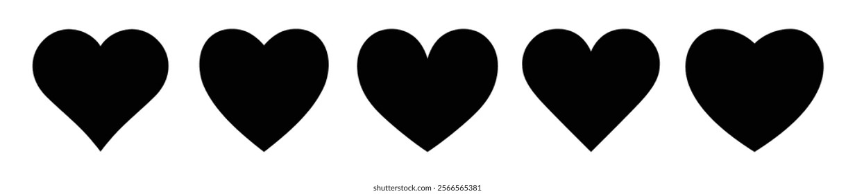 Heart in black colour, heart icons set, love heart vector silhouette on white background.