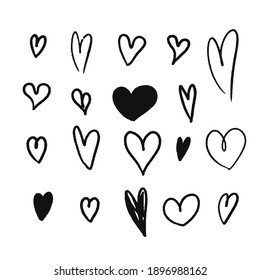 Heart black flat cartoon icon set isolated on white background for poster, wallpaper and Valentine's day. Vector illustration