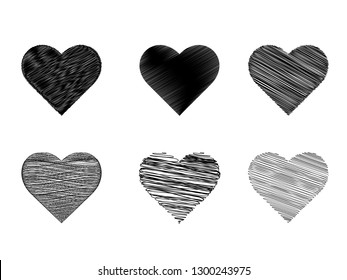 Heart black icon vector in pencil stripes line set. Love symbol for Valentine's Day sign isolated on white background in Flat style for graphic and web design or logo. EPS 10