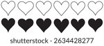 Heart black love shape clip art icon set. Black heart icon clip art outline decoration for valentine, wedding and anniversary symbol drawing elements collection. Black hearts in different style.