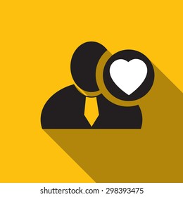 Heart black man silhouette icon on the yellow background, long shadow flat design icon for forums or web