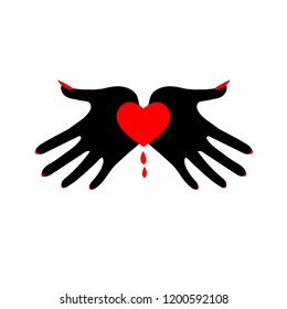 Heart in black palms. A demonic image. Symbol of the fatal passion.
