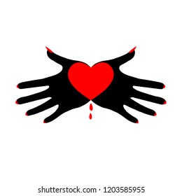 Heart in black palms. Demonic image. Symbol of the fatal passion. Template for Valentine's day, hand drawn vector illustration isolated on white, logo, t-shirt design.