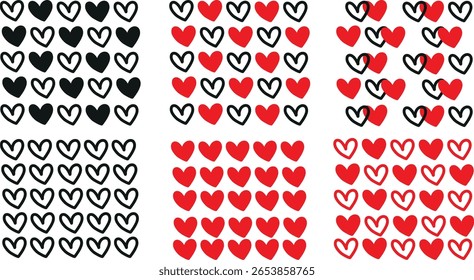 Corazón Negro Rojo Patrón Blanco Vector Icono de Amor Celebración Romántico Día de San Valentín Boda Decoración Doodle
