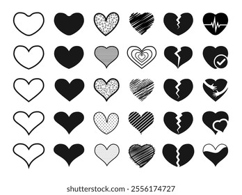 Heart black shape clip art icon set. Black heart icon clip art outline and flat drawing for valentine, wedding and anniversary symbol elements collection. Vector illustration valentine's day 