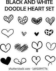heart black and white doodle set