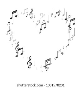 Heart of Black and White Music Note Confetti. Dance Party Poster Pattern Design. Piano Motif Texture. Fashion, Fabric Print Design Background.