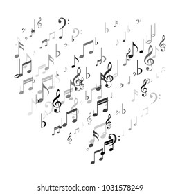 Heart of Black and White Music Note Confetti. Music Festival Flyer Pattern Design. Symphony Motif Texture. Cover Print Design Background.