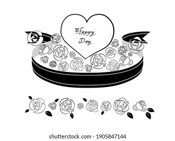 Heart black and white, surrounded by ribbon and roses