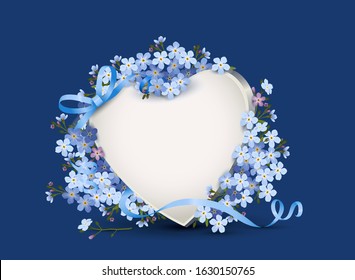 Heart blank paper card with Forget me not flowers,  nostalgic card,
Vector illustration isolated on blue background
