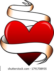 Heart with a blank ribbon in two stripes. Traditional tattoo of heart with ribbons isolated on white background. Vector Illustration.