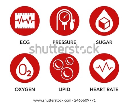 Heart and blood test types and sensors icons set. For smart watch. ECG, Pressure, Sugar, Oxygen, Lipid, Heart rate. Flat pictograms in red circles