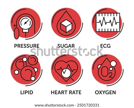 Heart and blood test types and sensors icons set. For smart watch. ECG, Pressure, Sugar, Oxygen, Lipid, Heart rate. Flat pictograms in thin line and red circles