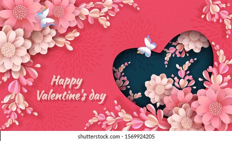 Heart, blooming peonies, butterflies, Valentines Day design in style of paper cut. Festive background, banner, greeting card, flyer in coral and dark blue colors. Vector illustration