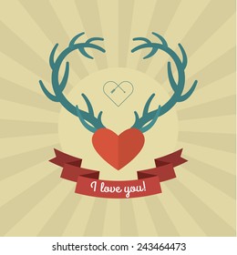 Heart with blue deer antlers. Vector illustration. Card of Valentine's day