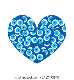 heart with blue evil eyes vector - evil eye card isolated on white background