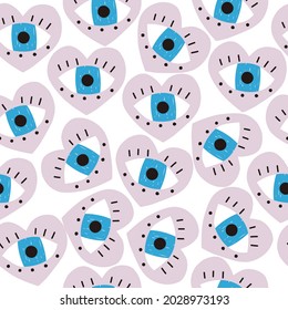 Heart with blue eye seamless pattern. Abstract print. Vector hand drawn illustration.