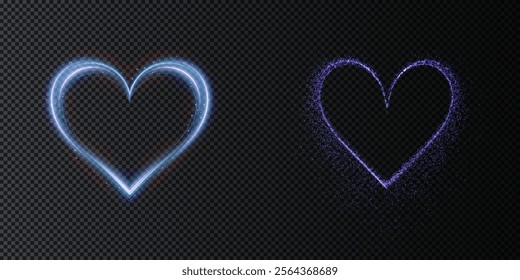 Heart blue with flashes isolated on transparent background. Light heart for holiday cards, banners, invitations. Heart-shaped neon wire glow.	