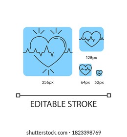 Heart blue linear icons set. Pulse rate. Heartbeat rhythm. Vital signs. Cardio health care. Thin line customizable 256, 128, 64 and 32 px vector illustrations. Contour symbols. Editable stroke