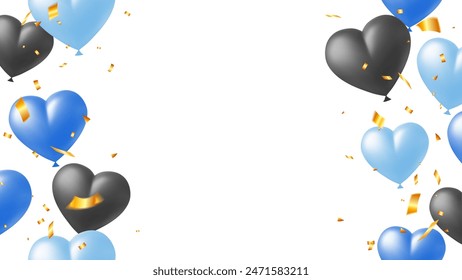 Heart blue, silver balloons and gold confetti for grand opening luxury greeting card vector illustration. frame template seamless