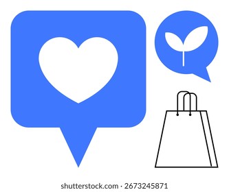 Corazón en burbuja de discurso azul, hoja verde dentro de la burbuja de discurso, bolso de compras de papel blanco y negro. Ideal para redes sociales, sostenibilidad, temas ecológicos, compras, comunicación, amor