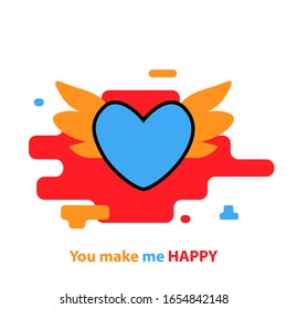 Heart blue with wings   icon trendy modern concept of  relationship of people  with motivation lettering you make me happy  on a white background.Symbol  feelings, souls,icon love, sign emotion.