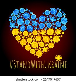 Heart in blue and yellow colors of the flag of Ukraine on black background. Stand with Ukraine.