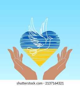 Heart in the blue and yellow colors with white dove, carefully protect helping hands. Concept symbol for help, support, charity and donation. World down sindrome day campaign poster