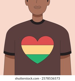 Heart of Bolivia: A simple yet powerful illustration of a person wearing a t-shirt with a heart-shaped Bolivian flag, symbolizing national pride and love for one's country.