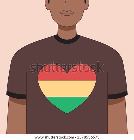 Heart of Bolivia: A simple yet powerful illustration of a person wearing a t-shirt with a heart-shaped Bolivian flag, symbolizing national pride and love for one's country.